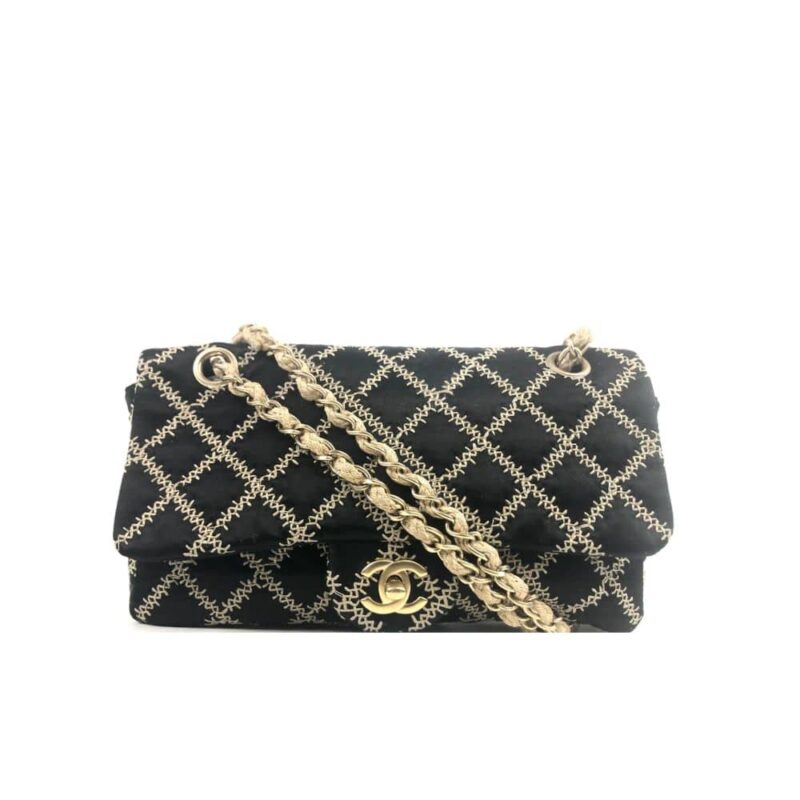 CHANEL SATIN FLAP SHOULDER BAG WITH NATURAL HEMP DIAMOND STITCHING BLACK 25CM