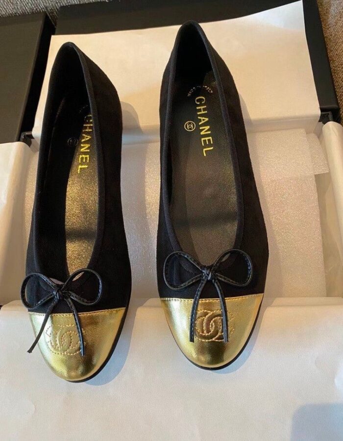 Alternative view of CHANEL LEATHER CAP TOE BALLET FLATS BLACK GOLD