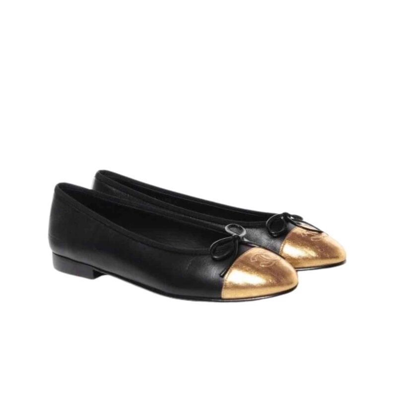 CHANEL LEATHER CAP TOE BALLET FLATS BLACK GOLD