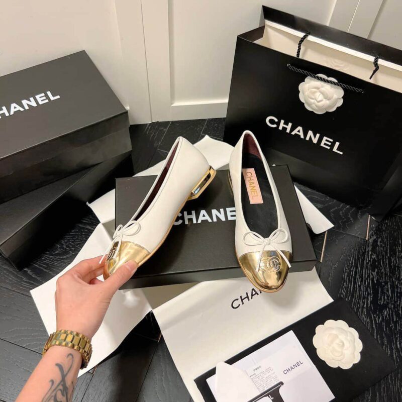 Alternative view of CHANEL LEATHER CAP TOE BALLET FLATS WHITE GOLD