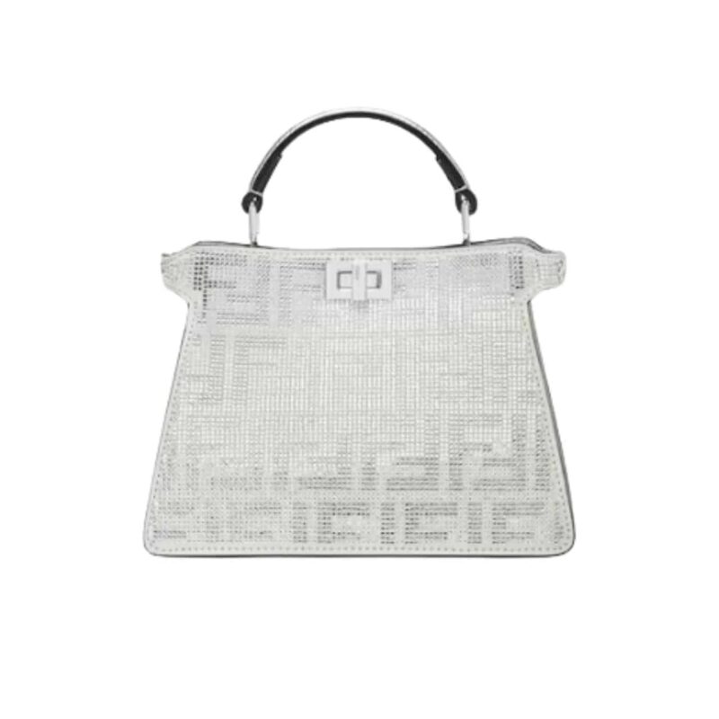 FENDI PEEKABOO ISEEU PETITE SILVER LEATHER BAG WITH CRYSTAL FF MOTIF 21CM 8BN335APKFF1JSU