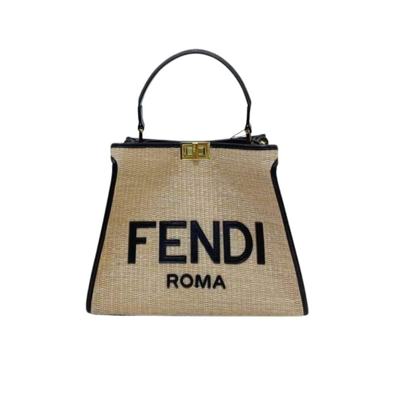 FENDI PEEKABOO RAFFIA TOTE BAG BEIGE BLACK 28CM