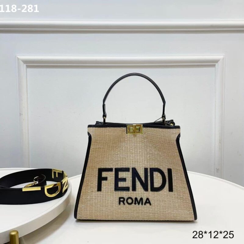 Alternative view of FENDI PEEKABOO RAFFIA TOTE BAG BEIGE BLACK 28CM