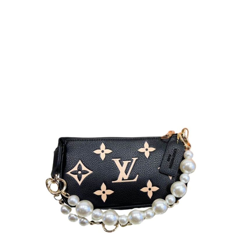 LOUIS VUITTON POCHETTE ACCESSOIRES WITH PEARL CHAIN BLACK 20CM
