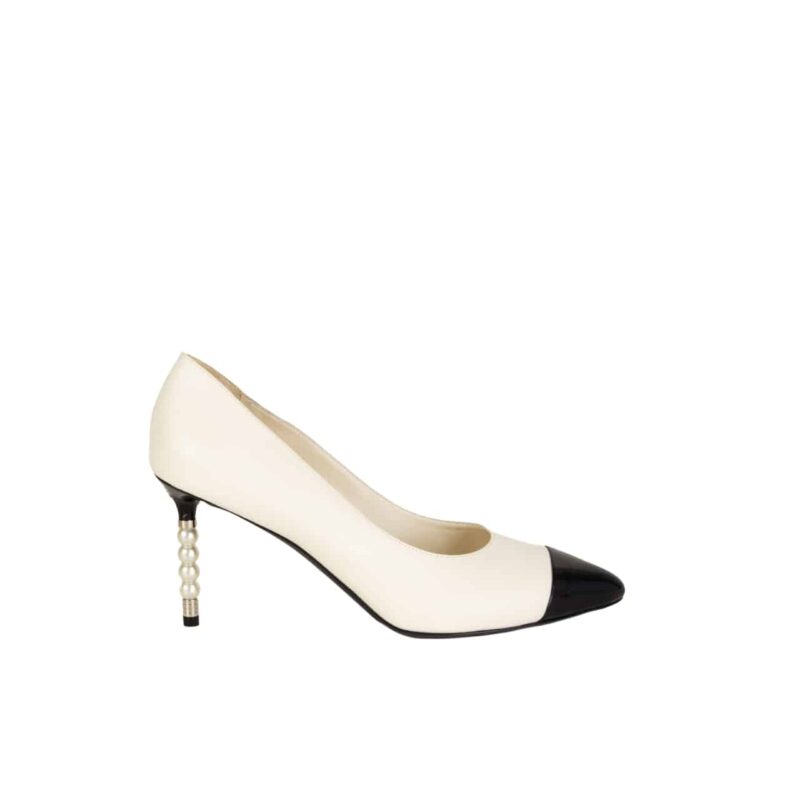 CHANEL PEARL EMBELLISHED HEEL PUMPS WHITE