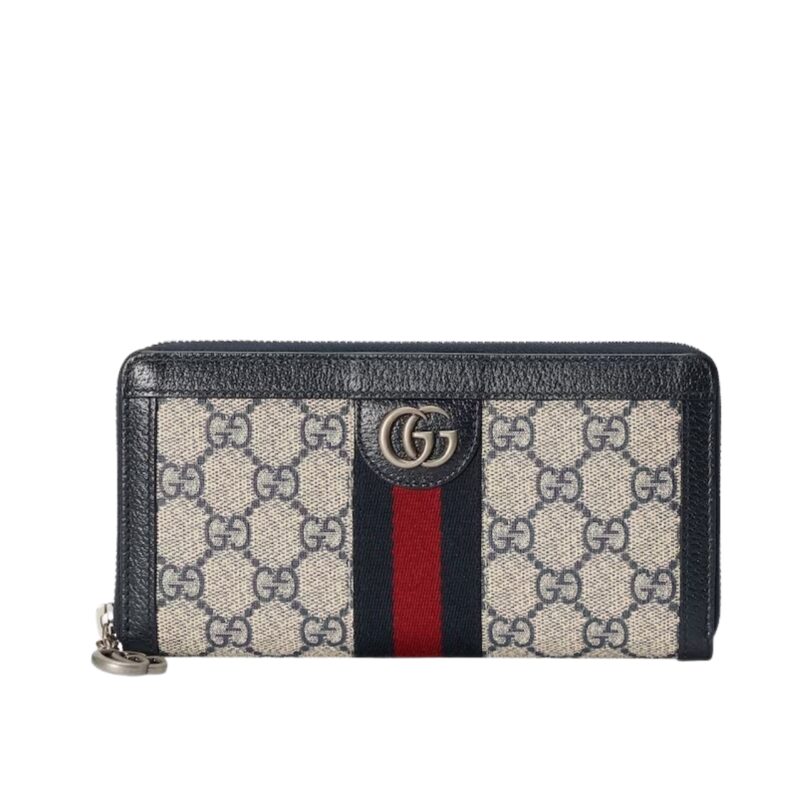 GUCCI OPHIDIA ZIP AROUND WALLET IN BEIGE AND BLUE SUPREME 19CM 523154 96IWN 4076