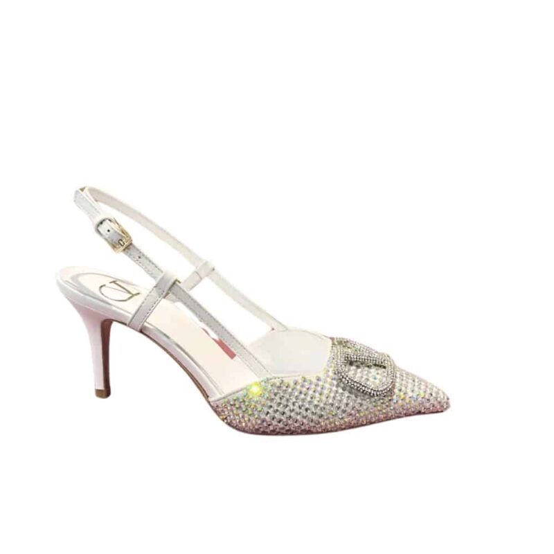 VALENTINO VLOGO SIGNATURE BACK STRAP CRYSTAL HIGH HEELS WHITE