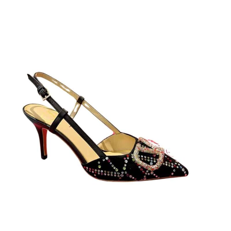 VALENTINO VLOGO SIGNATURE BACK STRAP CRYSTAL HIGH HEELS BLACK