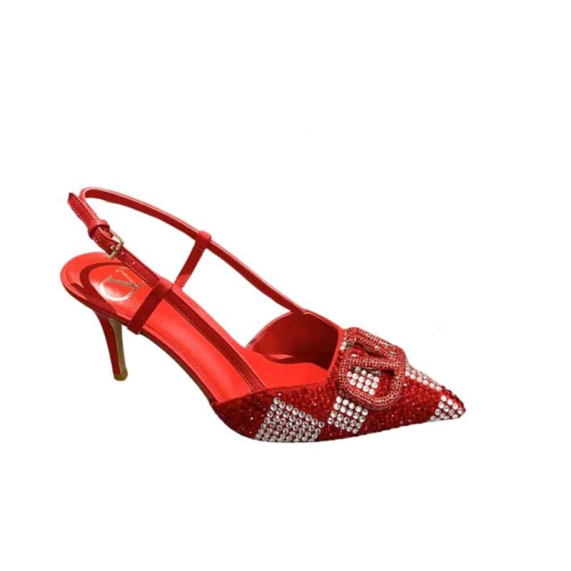 VALENTINO VLOGO SIGNATURE BACK STRAP CRYSTAL HIGH HEELS RED