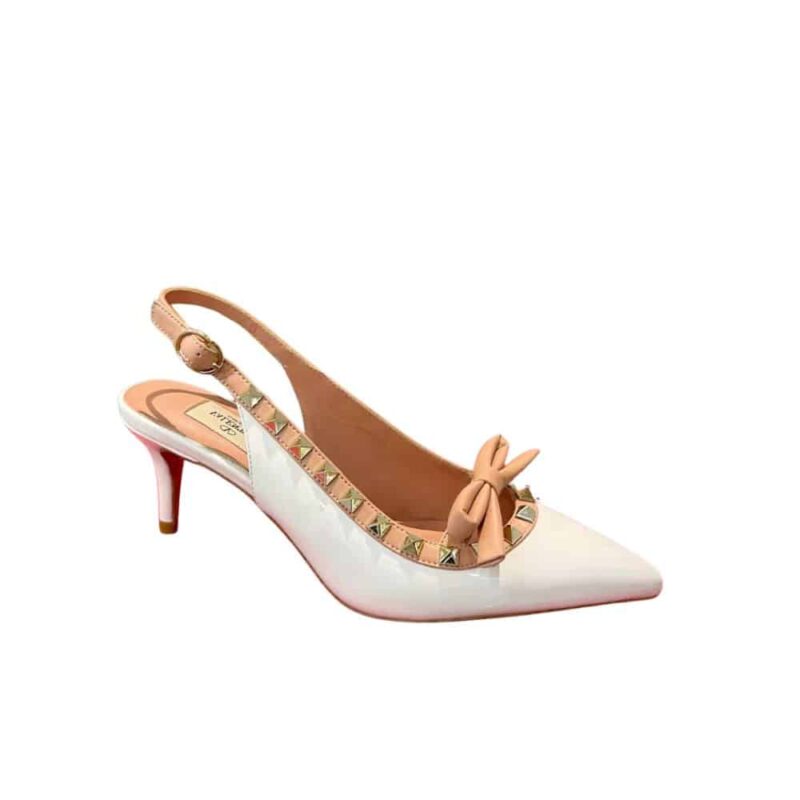 VALENTINO ROCKSTUD BOW SLINGBACK PUMP IN PATENT LEATHER WITH MATCHING STUDS WHITE