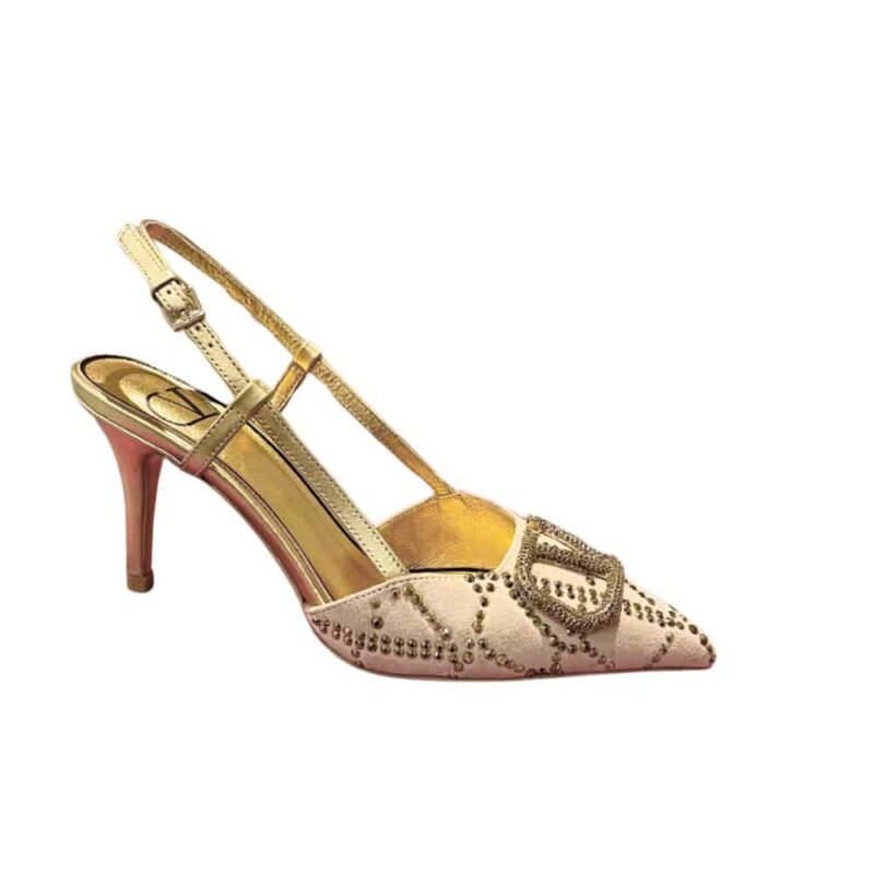 VALENTINO VLOGO SIGNATURE BACK STRAP CRYSTAL HIGH HEELS GOLD