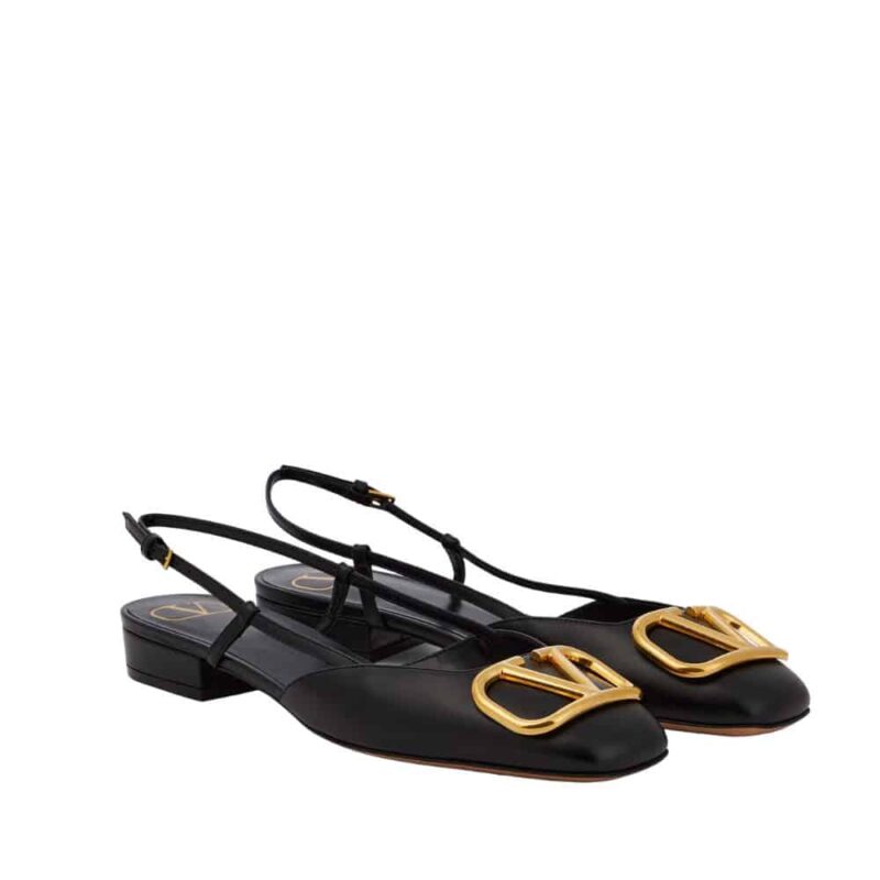 VALENTINO GARAVANI V LOGO LEATHER SLINGBACK FLATS BLACK