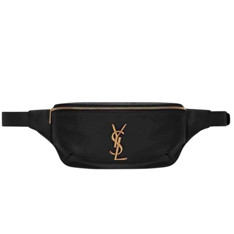 SAINT LAURENT BELT BAG YSL LOGO APPLIQUÉD LEATHER BLACK 25CM