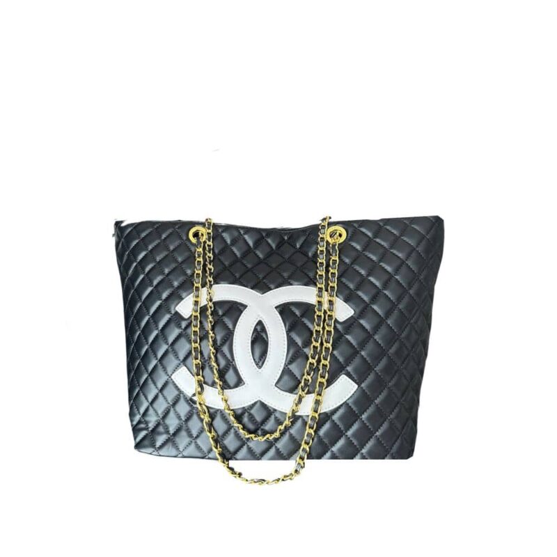 CHANEL CC SHOPPING BAG WITH CHAIN LEATHER BLACK AND WHITE 32CM
