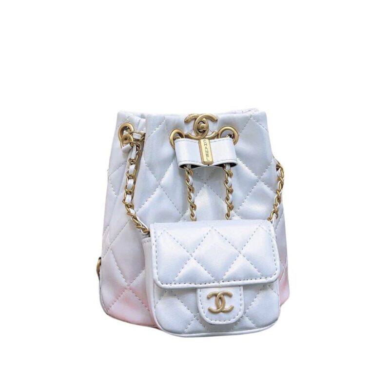 CHANEL MINI BUCKET BACKPACK GOLD TONE HARDWARE WHITE 19CM