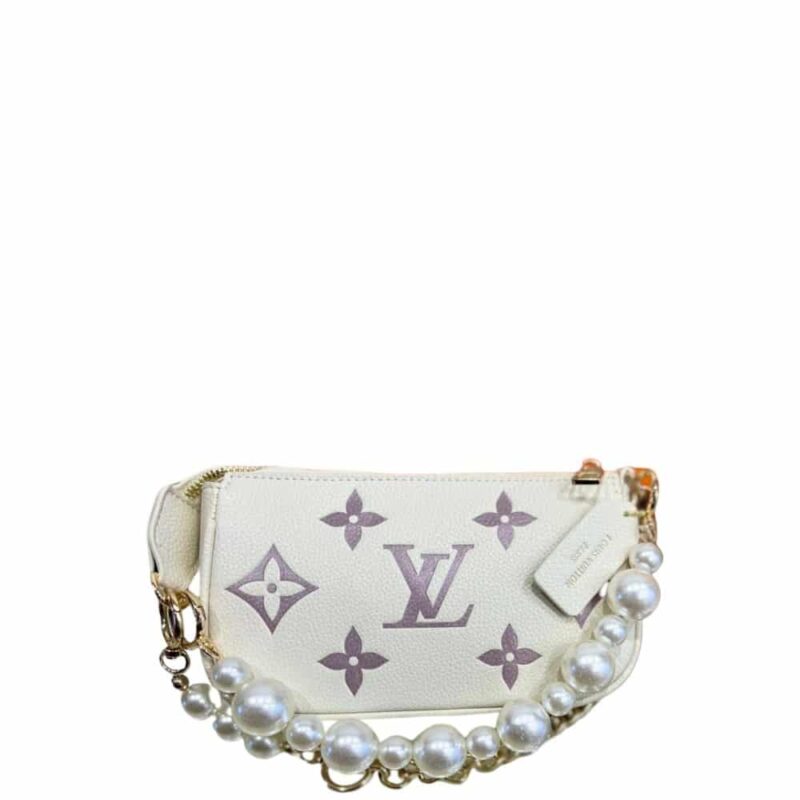 LOUIS VUITTON POCHETTE ACCESSOIRES WITH PEARL CHAIN WHITE 20CM