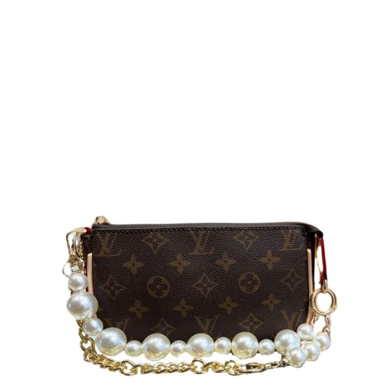 LOUIS VUITTON POCHETTE ACCESSOIRES WITH PEARL CHAIN MONOGRAM BROWN 20CM