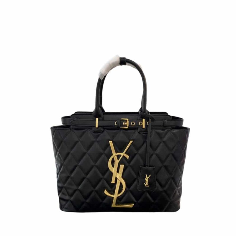 SAINT LAURENT TOTE BAG WITH GOLD TONE BUCKLE QUILTED BLACK 34CM