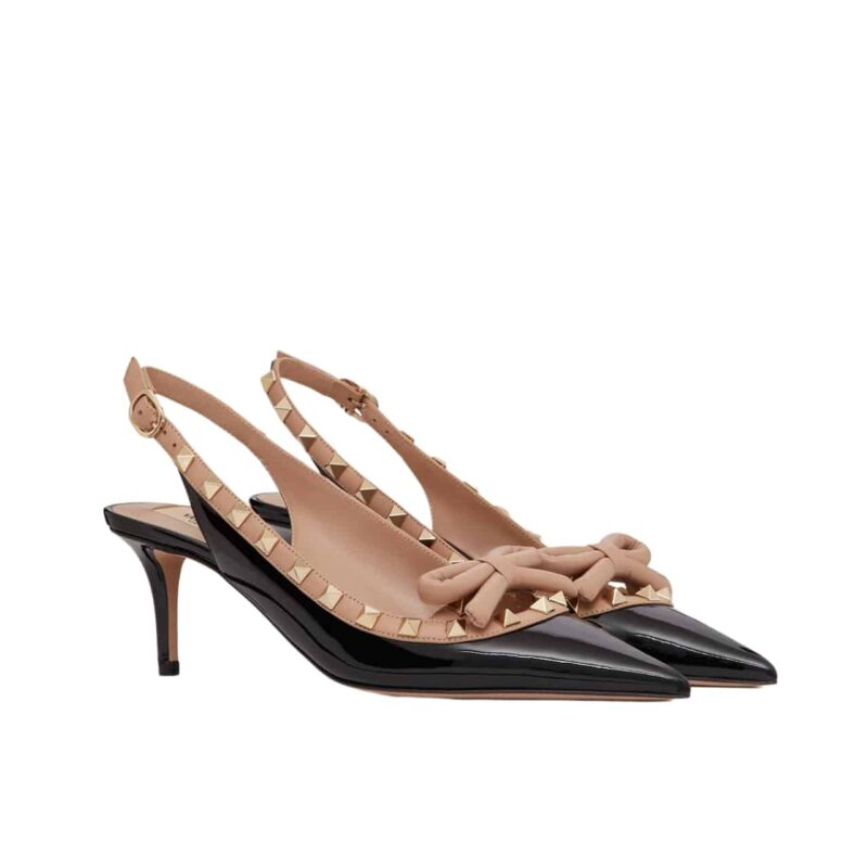 VALENTINO ROCKSTUD BOW 100 PATENT SLINGBACK PUMP BLACK PINK WS0IB8TZEN71