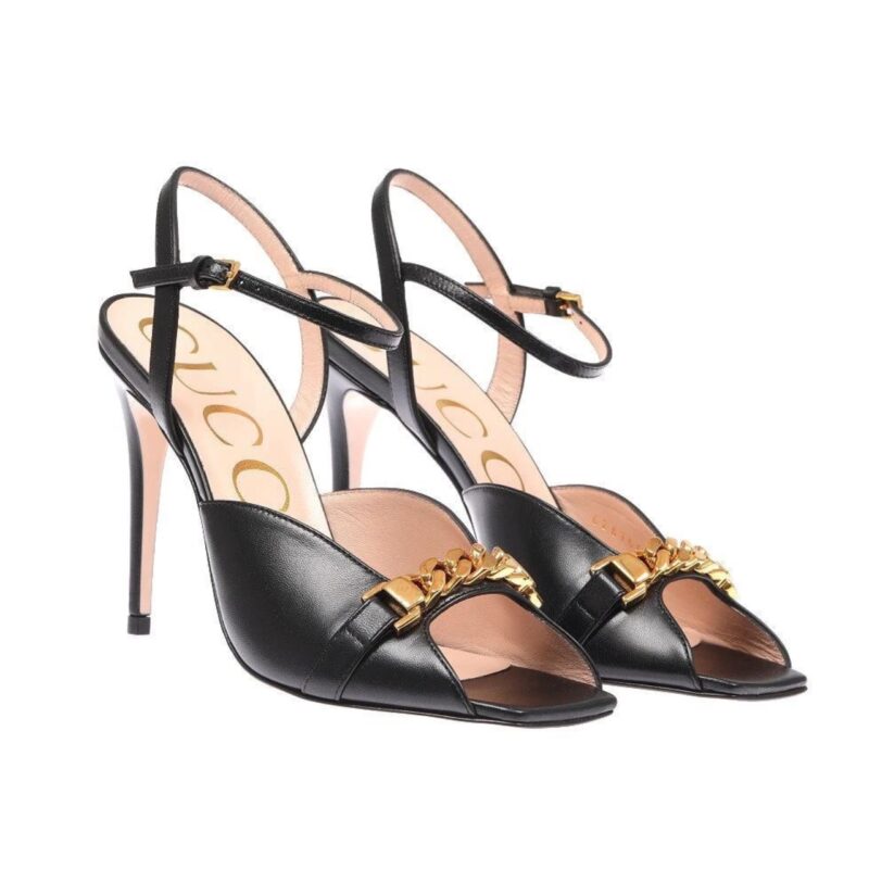 GUCCI ANKLE BUCKLE STRAP SYLVIE CHAIN SANDALS IN BLACK