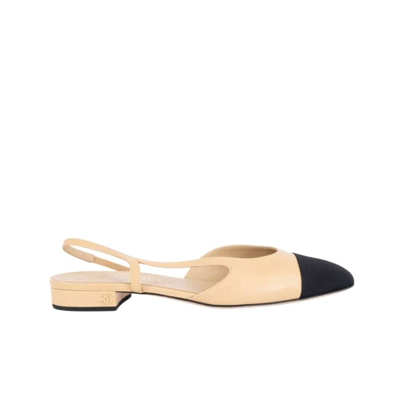 CHANEL GROSGRAIN CAP TOE CC SLINGBACK FLATS BEIGE