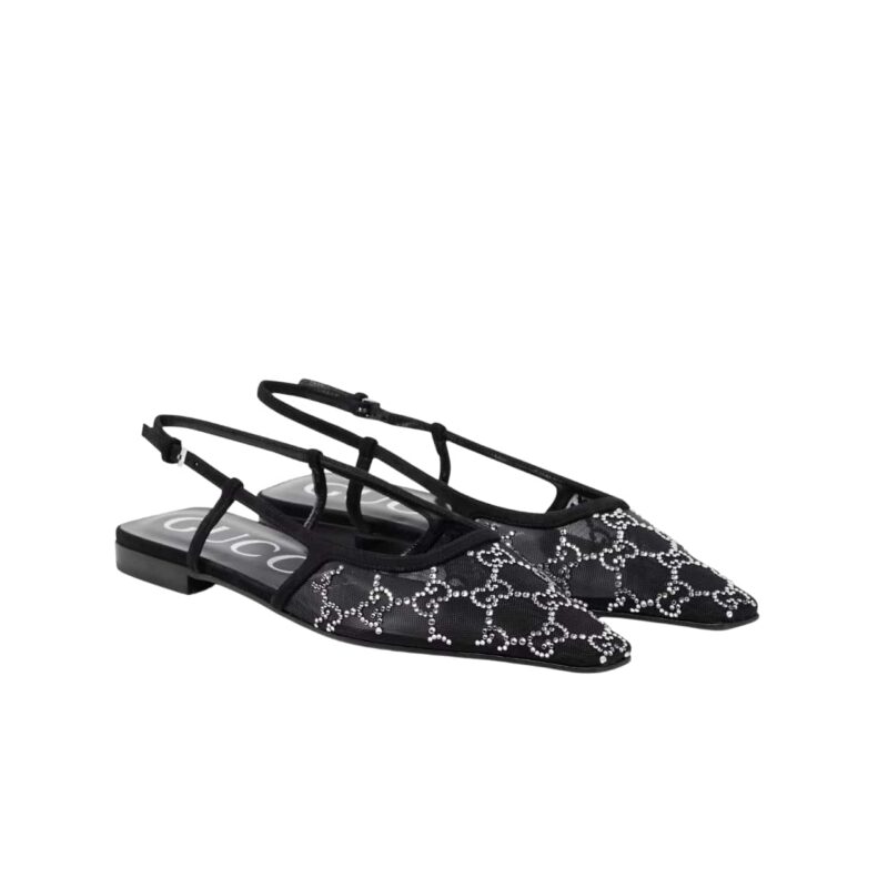 GUCCI GG EMBELLISHED SLINGBACK FLATS BLACK