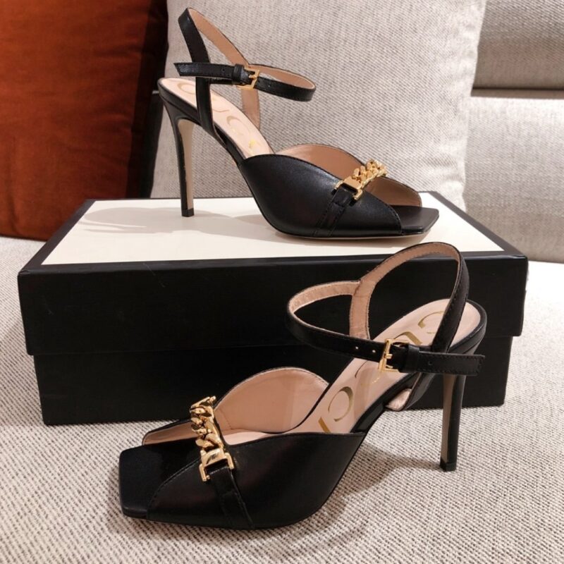 Alternative view of GUCCI ANKLE BUCKLE STRAP SYLVIE CHAIN SANDALS IN BLACK