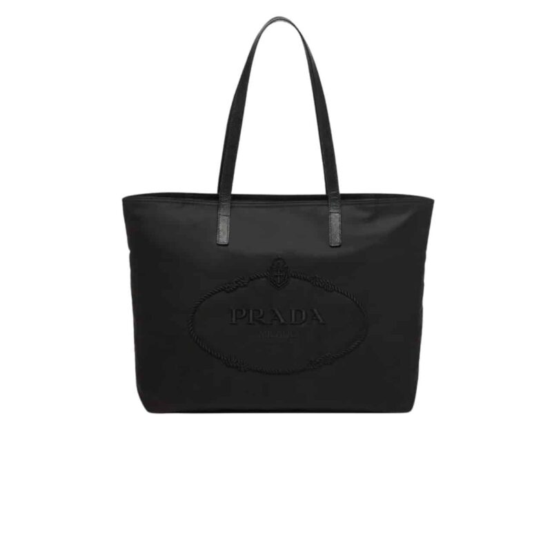 PRADA NYLON TOTE WITH EMBROIDERED LOGO BLACK 32CM