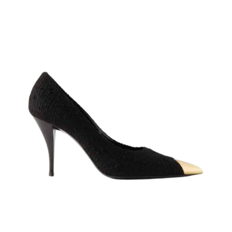 SAINT LAURENT VESPER LEATHER TRIMMED BOUCLÉ PUMPS BLACK