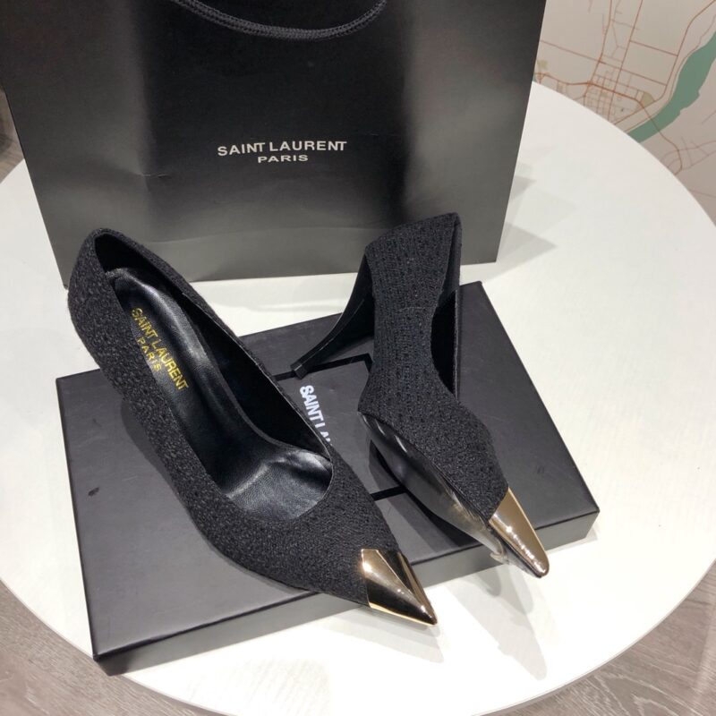 Alternative view of SAINT LAURENT VESPER LEATHER TRIMMED BOUCLÉ PUMPS BLACK
