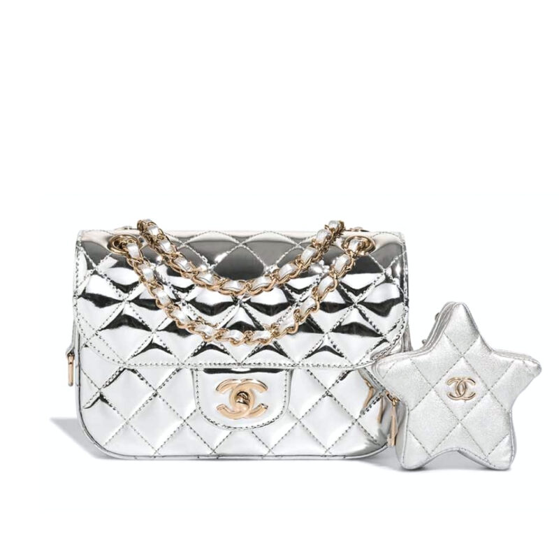 CHANEL MINI FLAP BAG STAR COIN PURSE SILVER 24CM AS4648 B14873 NT666