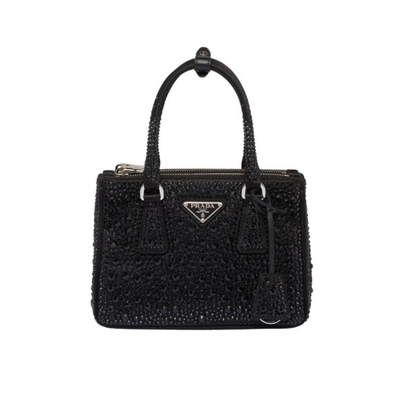 PRADA GALLERIA SATIN MINI BAG WITH CRYSTALS BLACK 23CM 1BA906 2AWL F0002 V EOY