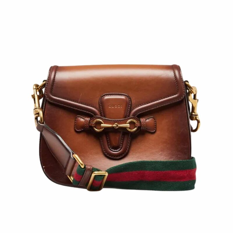 GUCCI LADY WEB HAND STAINED LEATHER SHOULDER BAG IN BROWN 25CM