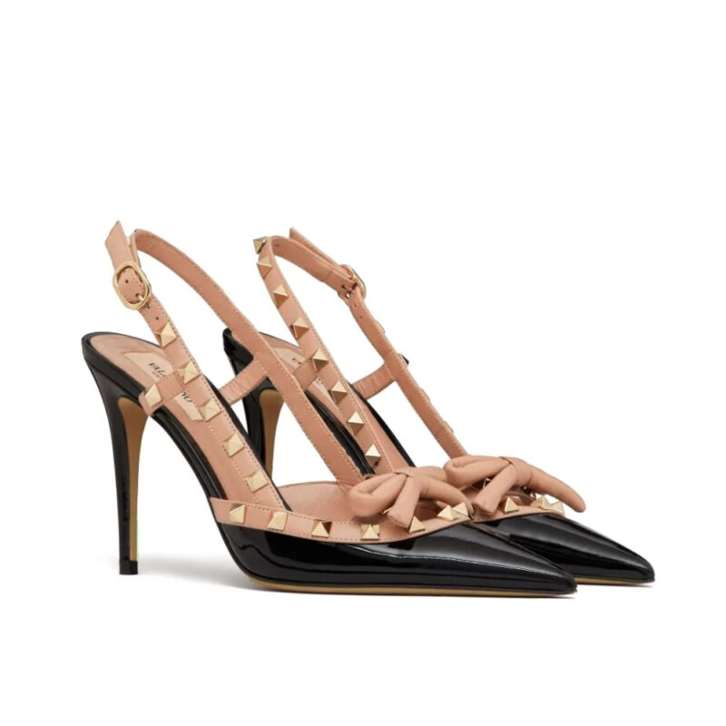 Valentino Rockstud Bow 100 Patent Slingback Pump Black Pink WS0LB8TZEN71