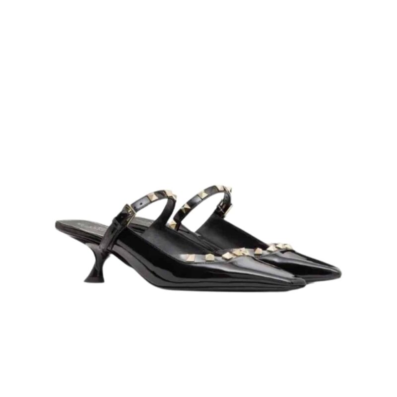 VALENTINO GARAVANI ROCKSTUD ASYMMETRIC PATENT LEATHER MULES BLACK