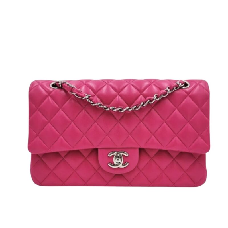CHANEL CLASSIC MEDIUM FLAP BAG WITH SILVER HARDWARE DARK PINK 25CM