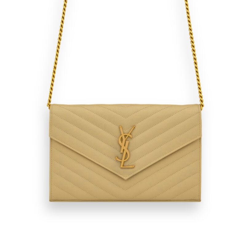 SAINT LAURENT CLASSIC CASSANDRE CHAIN WALLET IN GRAIN DE POUDRE LEATHER BEIGE 22CM 377828BOW012721