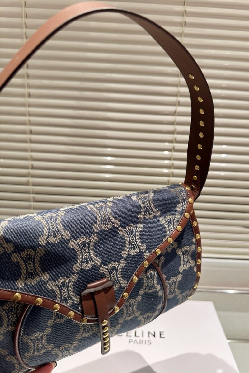 Alternative view of CELINE STUDDED BAGUETTE BAG MACADAM DENIM BLUE BROWN 25CM