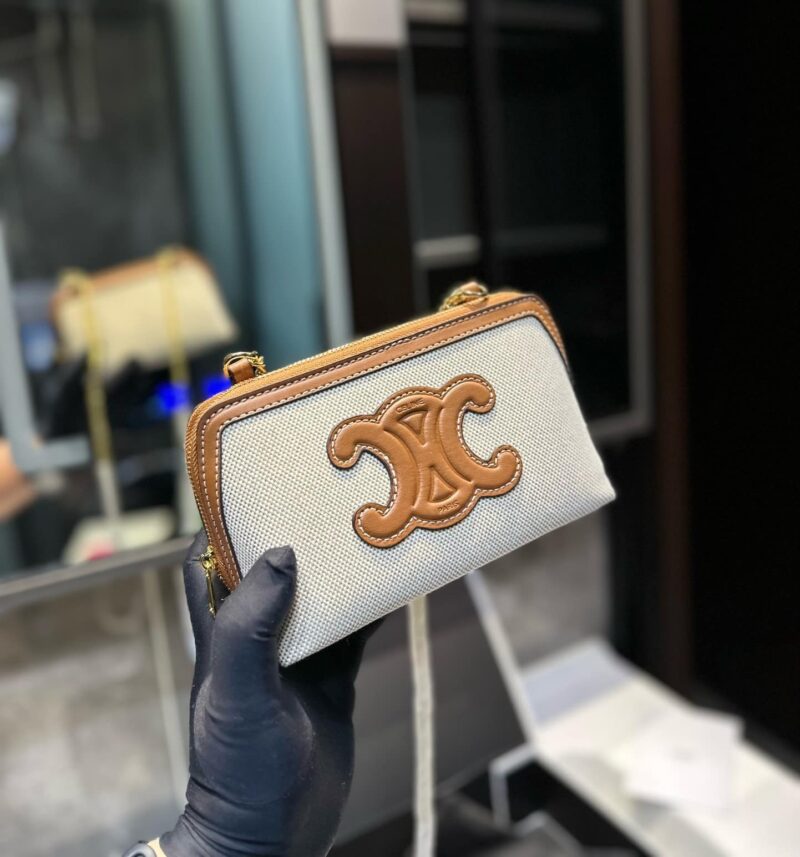 Alternative view of CELINE CLUTCH ON CHAIN CUIR TRIOMPHE IN TEXTILE AND NATURAL TAN 17CM