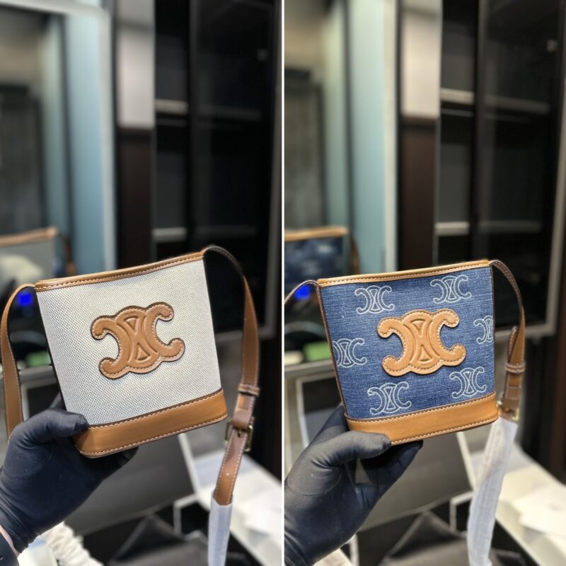 Alternative view of CELINE MINI BUCKET CUIR TRIOMPHE IN DENIM WITH TRIOMPHE ALL OVER EMBROIDERY AND NAVY TAN 16CM 10L432FDX 07AT