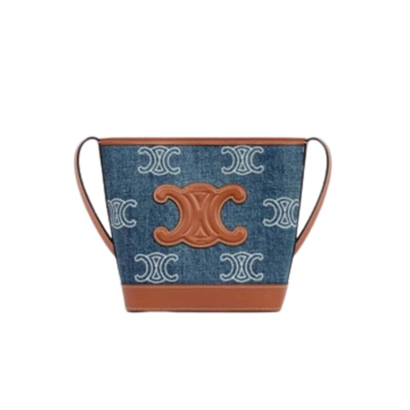 CELINE MINI BUCKET CUIR TRIOMPHE IN DENIM WITH TRIOMPHE ALL OVER EMBROIDERY AND NAVY TAN 16CM 10L432FDX 07AT