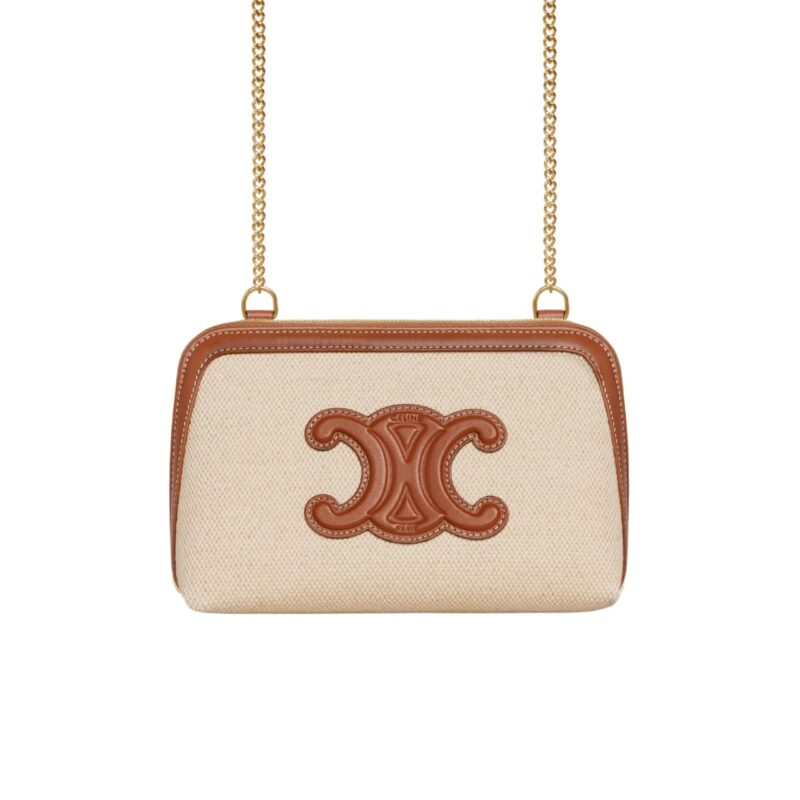 CELINE CLUTCH ON CHAIN CUIR TRIOMPHE IN TEXTILE AND NATURAL TAN 17CM