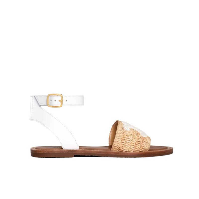 CELINE LYMPIA FLAT STRAP SANDAL IN RAFFIA CALFSKIN BEIGE WHITE 352402248C 02GH