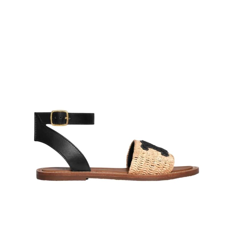 CELINE LYMPIA FLAT STRAP SANDAL IN RAFFIA CALFSKIN BEIGE BLACK 352402248C 02BL