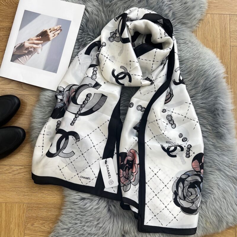 Alternative view of CHANEL CC WITH PINK FLOWER SQUARE SCARF WHITE 90CM