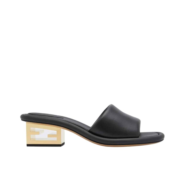 FENDI CUTOUT METAL BLOCK HEEL PADDED LEATHER SANDALS BLACK