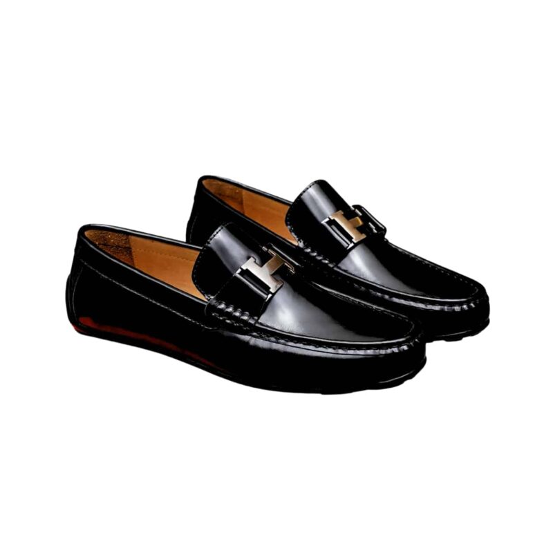 HERMES MEN'S LOAFER MOCCASIN POLISH LEATHER WITH H SILVER IN BLACK