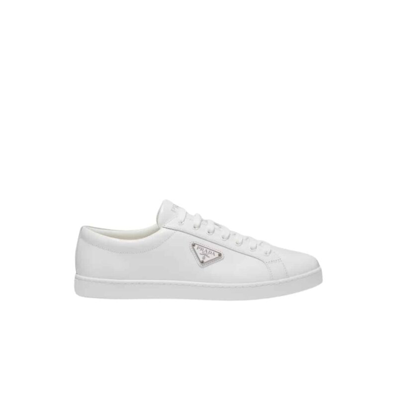 PRADA LOGO SNEAKERS IN BRUSHED LEATHER WHITE