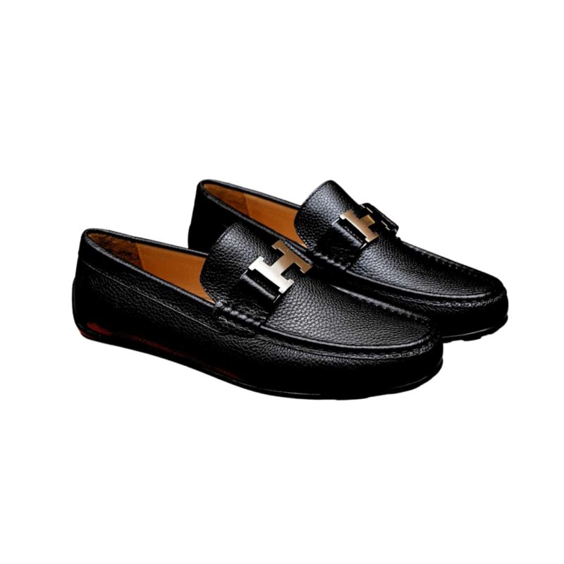 HERMES MEN'S LOAFER MOCCASIN LEATHER WITH H SILVER BLACK
