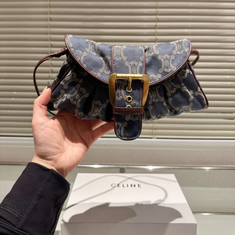 Alternative view of CELINE MACADAM DENIM LEATHER SHOULDER BAG GOLD HARDWARE BLUE 27CM